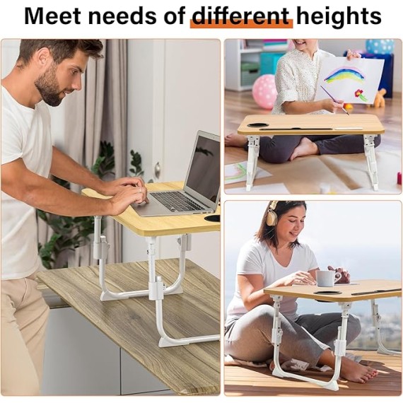 Laptop Bed Desk Height Adjustable, Bed Laptop Table with USB/Storage Drawer/Cup Holder/Tablet Stand/Book Shelf, Foldable Breakfast Tray Portable for Reading Writing, Bed, Sofa & Floor, Wood