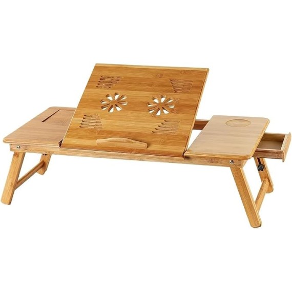 Bamboo Laptop Lap Desk for Bed, Adjustable Portable Breakfast Serving Bed Tray with Tilting Top Drawer, Folding Standing Bed Table for Writing Reading Foldable Stand Holder(Large)