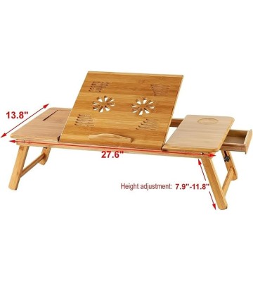 Bamboo Laptop Lap Desk for Bed, Adjustable Portable Breakfast Serving Bed Tray with Tilting Top Drawer, Folding Standing Bed Table for Writing Reading Foldable Stand Holder(Large)