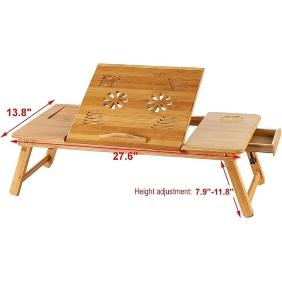 Bamboo Laptop Lap Desk for Bed, Adjustable Portable Breakfast Serving Bed Tray with Tilting Top Drawer, Folding Standing Bed Table for Writing Reading Foldable Stand Holder(Large)