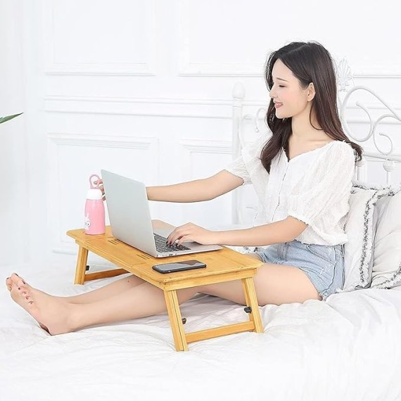 Bamboo Laptop Lap Desk for Bed, Adjustable Portable Breakfast Serving Bed Tray with Tilting Top Drawer, Folding Standing Bed Table for Writing Reading Foldable Stand Holder(Large)