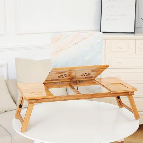 Bamboo Laptop Lap Desk for Bed, Adjustable Portable Breakfast Serving Bed Tray with Tilting Top Drawer, Folding Standing Bed Table for Writing Reading Foldable Stand Holder(Large)
