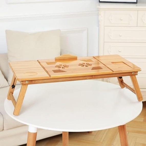 Bamboo Laptop Lap Desk for Bed, Adjustable Portable Breakfast Serving Bed Tray with Tilting Top Drawer, Folding Standing Bed Table for Writing Reading Foldable Stand Holder(Large)