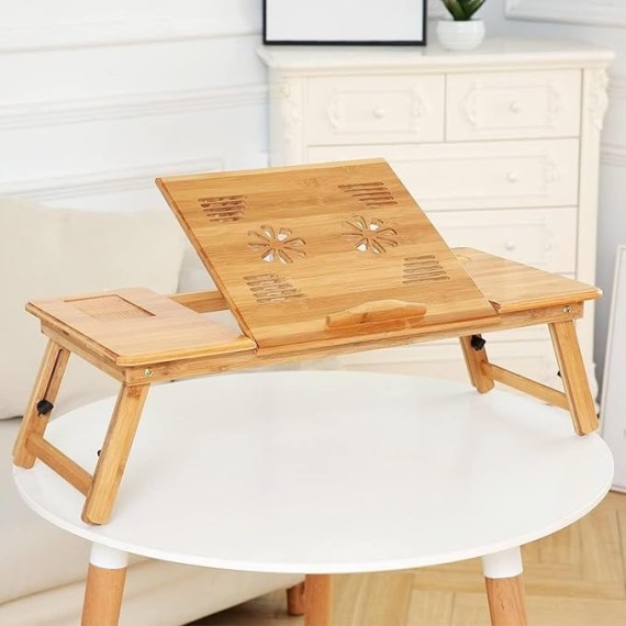 Bamboo Laptop Lap Desk for Bed, Adjustable Portable Breakfast Serving Bed Tray with Tilting Top Drawer, Folding Standing Bed Table for Writing Reading Foldable Stand Holder(Large)
