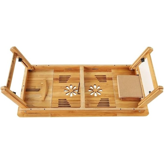 Bamboo Laptop Lap Desk for Bed, Adjustable Portable Breakfast Serving Bed Tray with Tilting Top Drawer, Folding Standing Bed Table for Writing Reading Foldable Stand Holder(Large)