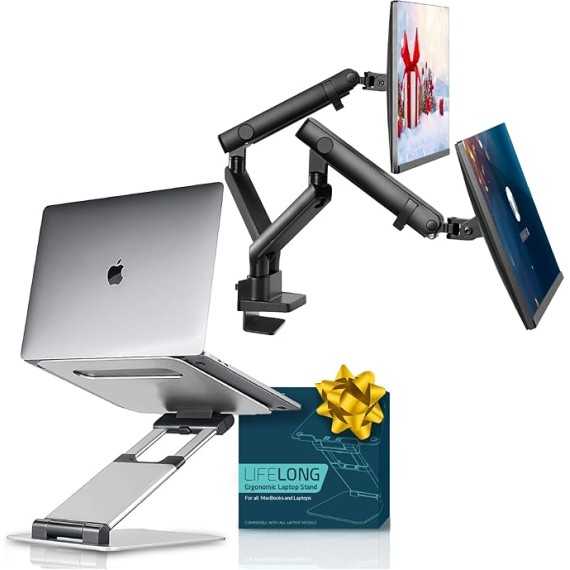 Laptop Stand For Desk, Adjustable Height Up To 20", Laptop Riser Portable Computer, Fits Laptops 10 15 17 Inches with Dual Monitor Arm, Monitor Mount, Monitor Desk Mount up to 32 Inch Computer Screens