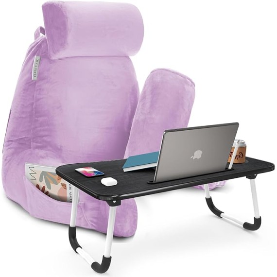 Reading Pillow with Portable Lap Desk for Laptop Set, Back Pillow for Sitting Up in Bed, Memory Foam Back Support Pillow, Bed Rest Pillow with Foldable Laptop Desk, Large - Lavender