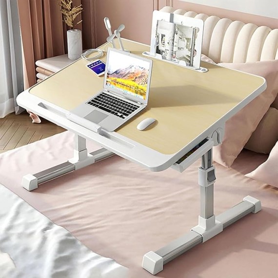 Over-Bed Tables, Adjustable Height Laptop Desk for Bed Foldable Bed Tray Table with Storage Drawers Bookshelf and USB Port(D)