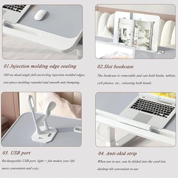 Over-Bed Tables, Adjustable Height Laptop Desk for Bed Foldable Bed Tray Table with Storage Drawers Bookshelf and USB Port(D)