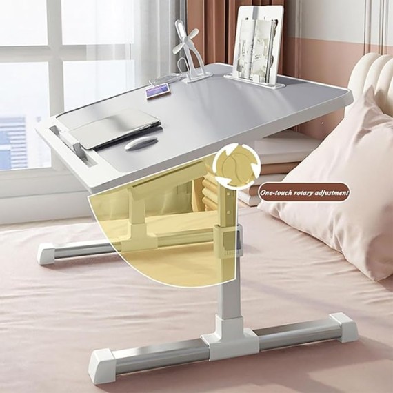 Over-Bed Tables, Adjustable Height Laptop Desk for Bed Foldable Bed Tray Table with Storage Drawers Bookshelf and USB Port(D)