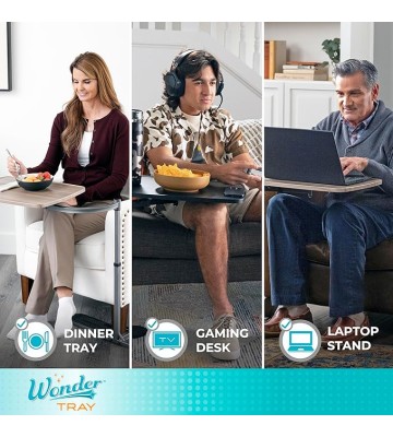 Wonder Tray, Adjustable Swivel Table, Extra-Large Computer Stand, Couch Desk & Gaming Bench, TV-Trays for Eating on Couches, Chairs, Recliners with Laptop Wedges and Cup Holder, XL, Black