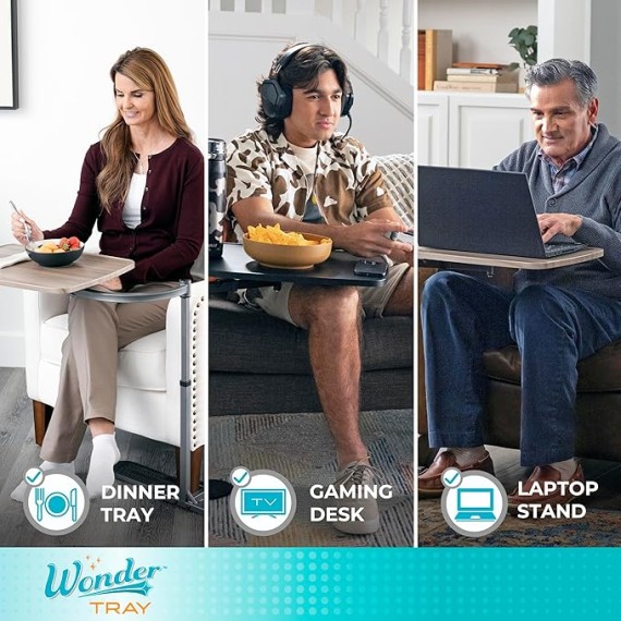 Wonder Tray, Adjustable Swivel Table, Extra-Large Computer Stand, Couch Desk & Gaming Bench, TV-Trays for Eating on Couches, Chairs, Recliners with Laptop Wedges and Cup Holder, XL, Black