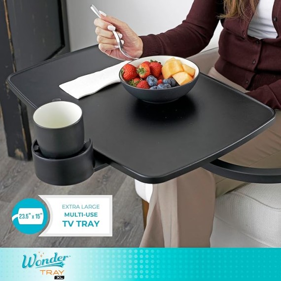 Wonder Tray, Adjustable Swivel Table, Extra-Large Computer Stand, Couch Desk & Gaming Bench, TV-Trays for Eating on Couches, Chairs, Recliners with Laptop Wedges and Cup Holder, XL, Black