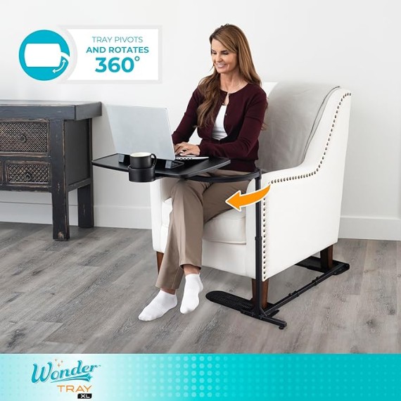 Wonder Tray, Adjustable Swivel Table, Extra-Large Computer Stand, Couch Desk & Gaming Bench, TV-Trays for Eating on Couches, Chairs, Recliners with Laptop Wedges and Cup Holder, XL, Black