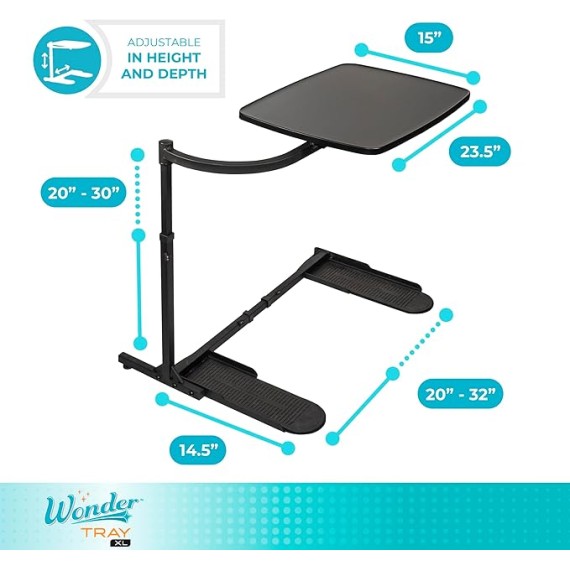 Wonder Tray, Adjustable Swivel Table, Extra-Large Computer Stand, Couch Desk & Gaming Bench, TV-Trays for Eating on Couches, Chairs, Recliners with Laptop Wedges and Cup Holder, XL, Black