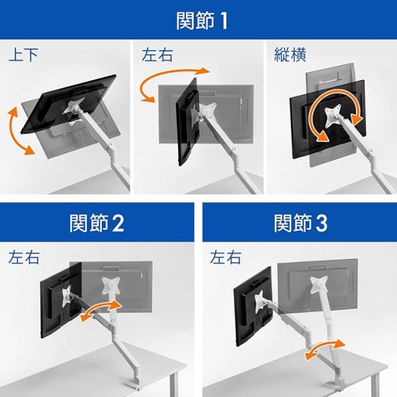 Sanwa Supply CR-LAC1403W Monitor Arm (Single, Gas Spring Type, Thin Short Clamp, White)
