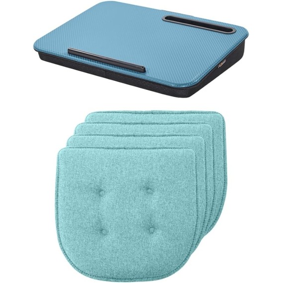 Laptop Lap Desk with Phone Holder and Tufted Memory Foam Chair Cushions, Lap Desk Size 16.5"x11.8" Sky Blue, Dorm Room Use, Cushion Set of 6 Turquoise, Slip Resistant, 2 Item Bundle