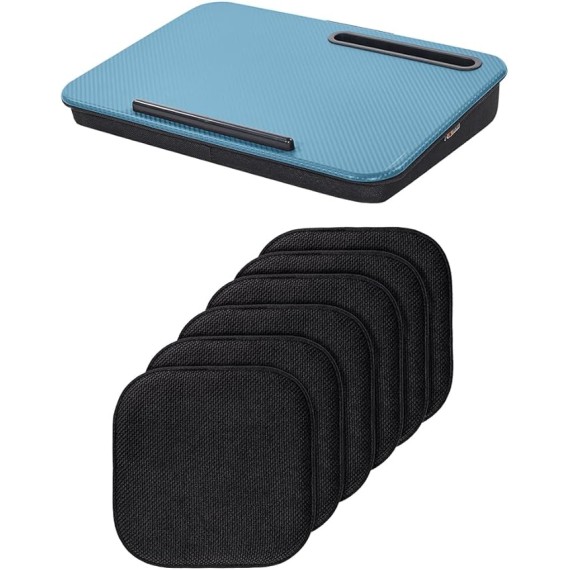 Laptop Lap Desk with Phone Holder and Memory Foam Chair Cushions, Lap Desk Size 16.5"x11.8" Sky Blue, Dorm Room Use, Chair Pad 6 Piece Black, Comfortable Pads, 2 Item Bundle