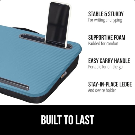Laptop Lap Desk with Phone Holder and Memory Foam Chair Cushions, Lap Desk Size 16.5"x11.8" Sky Blue, Dorm Room Use, Chair Pad 6 Piece Black, Comfortable Pads, 2 Item Bundle