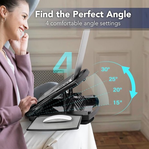 Portable Lap Desk with Cushion, Retractable Mouse Pad Tray and Phone Holder, Adjustable Laptop Stand with 5 Angles, for Home, Office, Sofa, Bed