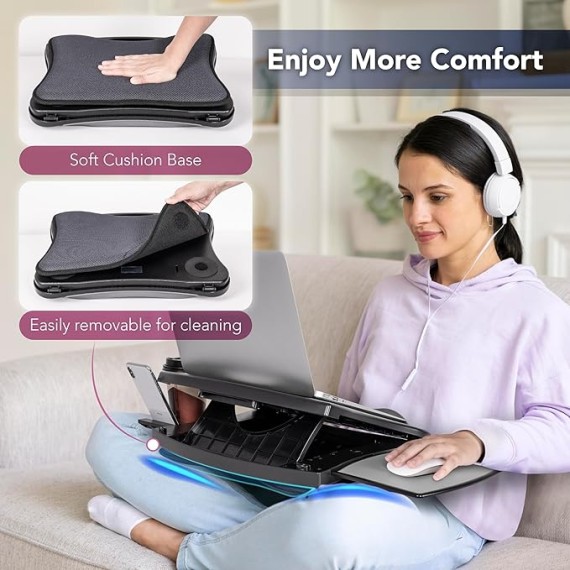 Portable Lap Desk with Cushion, Retractable Mouse Pad Tray and Phone Holder, Adjustable Laptop Stand with 5 Angles, for Home, Office, Sofa, Bed