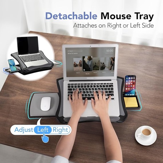 Portable Lap Desk with Cushion, Retractable Mouse Pad Tray and Phone Holder, Adjustable Laptop Stand with 5 Angles, for Home, Office, Sofa, Bed