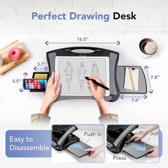 Portable Lap Desk with Cushion, Retractable Mouse Pad Tray and Phone Holder, Adjustable Laptop Stand with 5 Angles, for Home, Office, Sofa, Bed