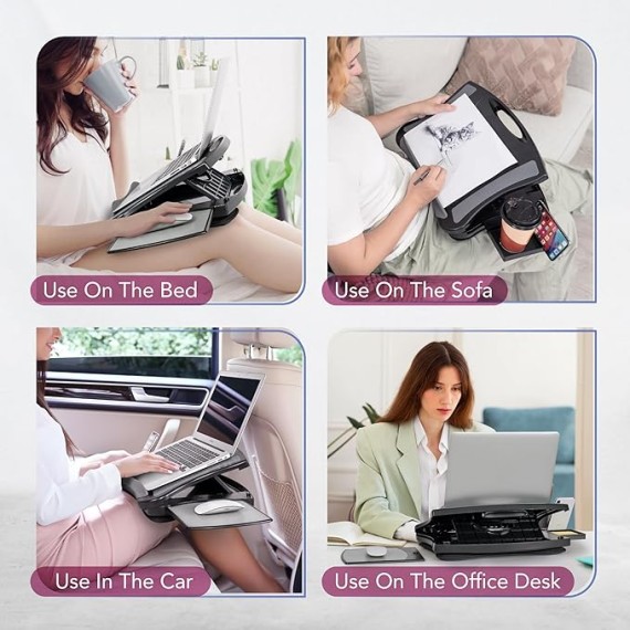 Portable Lap Desk with Cushion, Retractable Mouse Pad Tray and Phone Holder, Adjustable Laptop Stand with 5 Angles, for Home, Office, Sofa, Bed