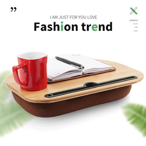 Lap Desk for Laptop with Cushion, Lap Desk with Device Ledge, Bamboo Platform with Phone Holder, Wrist Pad Fits up to 15.6 Inch Laptops A