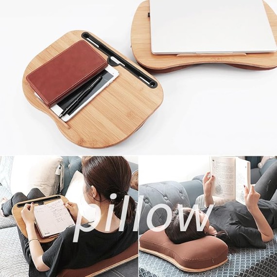 Lap Desk for Laptop with Cushion, Lap Desk with Device Ledge, Bamboo Platform with Phone Holder, Wrist Pad Fits up to 15.6 Inch Laptops A