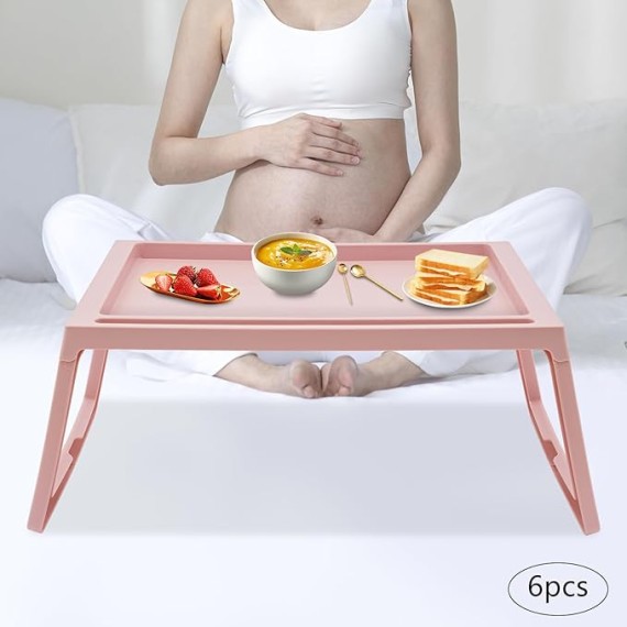 Bed Tray Table with Folding Legs, TV Trays Set of 6, Kids Lap Tray for Eating, 25.6 * 14 Inch Plastic Lap Desk, Portable Serving Food Snack Tray for Bedroom, Living Room, Sofa