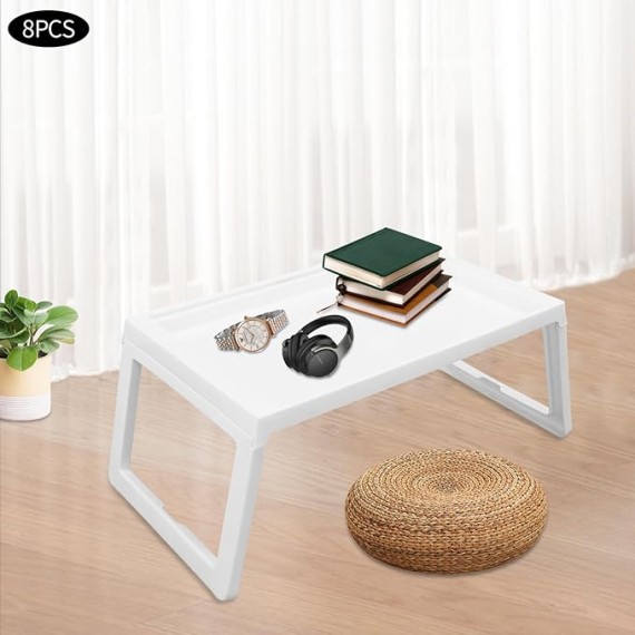 Bed Tray Table with Folding Legs, TV Trays Set of 8, Kids Lap Tray for Eating, 25.6 * 14 Inch Plastic Lap Desk, Portable Serving Food Snack Tray for Bedroom, Living Room, Sofa (8, White)