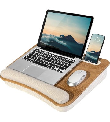 LAPGEAR Portable Laptop Lap Desk with Pillow Cushion, Anti-Slip Strip, Tablet or Phone Storage Slot, Pen and Pencil Pocket, and Wrist Rest - White Oak Woodgrain - Fits 15.6" Laptops - Style No. 91349