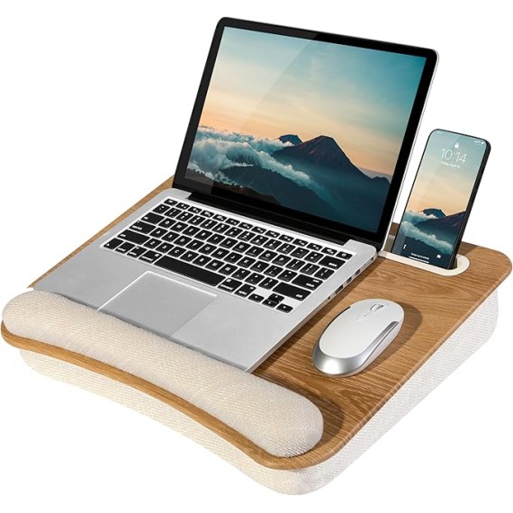 LAPGEAR Portable Laptop Lap Desk with Pillow Cushion, Anti-Slip Strip, Tablet or Phone Storage Slot, Pen and Pencil Pocket, and Wrist Rest - White Oak Woodgrain - Fits 15.6" Laptops - Style No. 91349