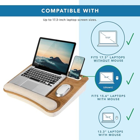 LAPGEAR Portable Laptop Lap Desk with Pillow Cushion, Anti-Slip Strip, Tablet or Phone Storage Slot, Pen and Pencil Pocket, and Wrist Rest - White Oak Woodgrain - Fits 15.6" Laptops - Style No. 91349