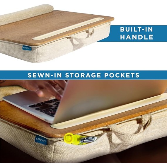 LAPGEAR Portable Laptop Lap Desk with Pillow Cushion, Anti-Slip Strip, Tablet or Phone Storage Slot, Pen and Pencil Pocket, and Wrist Rest - White Oak Woodgrain - Fits 15.6" Laptops - Style No. 91349