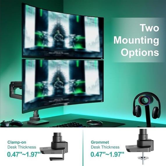 Dual Monitor Arm for 17''-49'' Curved Screens, Ultrawide Monitor Mount for Desk, Heavy Duty Monitor Stand Holds up to 44lbs Each Arm, Max 100x100mm Mounting Holes (GSDM002XL), Black