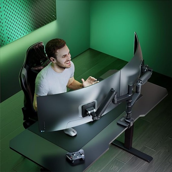 Dual Monitor Arm for 17''-49'' Curved Screens, Ultrawide Monitor Mount for Desk, Heavy Duty Monitor Stand Holds up to 44lbs Each Arm, Max 100x100mm Mounting Holes (GSDM002XL), Black