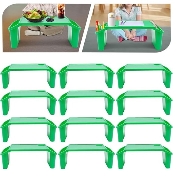 12 Pcs Kids Lap Desk Trays Plastic Breakfast Laptop Trays with Side Pockets 19.7in Height Portable Lap Bed PP Table for Writing, Drawing, Doing Homework,Sofa, Floor,Eating(Green)