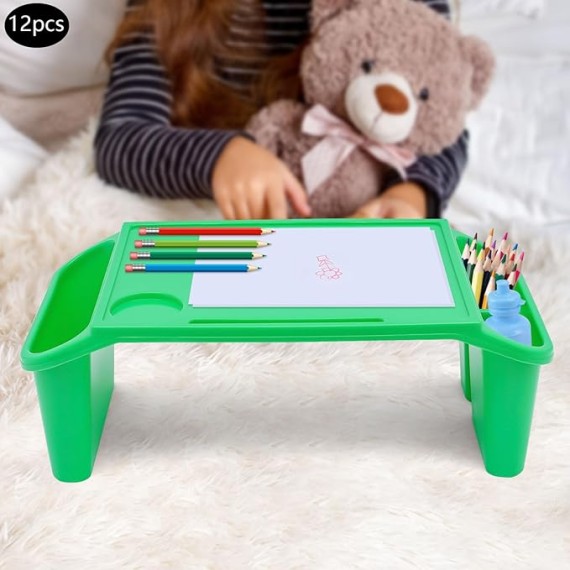 12 Pcs Kids Lap Desk Trays Plastic Breakfast Laptop Trays with Side Pockets 19.7in Height Portable Lap Bed PP Table for Writing, Drawing, Doing Homework,Sofa, Floor,Eating(Green)