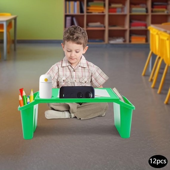 12 Pcs Kids Lap Desk Trays Plastic Breakfast Laptop Trays with Side Pockets 19.7in Height Portable Lap Bed PP Table for Writing, Drawing, Doing Homework,Sofa, Floor,Eating(Green)