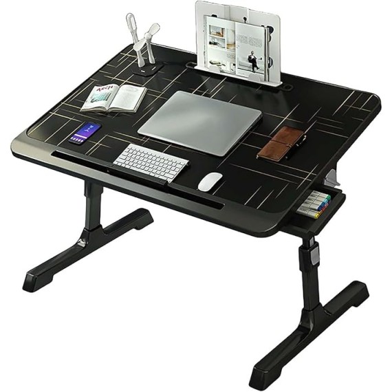 Laptop Bed Table, 27-40cm Adjustable Height Laptop Desk, Laptop Stand with Book Stand, Drawer, Tablet Slot, Foldable Breakfast Tray for Home, Working, Reading, Eating on Bed, Sofa