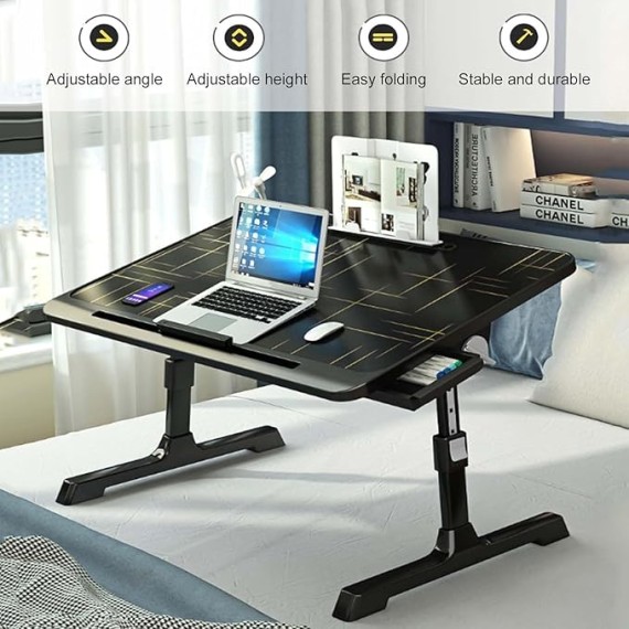 Laptop Bed Table, 27-40cm Adjustable Height Laptop Desk, Laptop Stand with Book Stand, Drawer, Tablet Slot, Foldable Breakfast Tray for Home, Working, Reading, Eating on Bed, Sofa