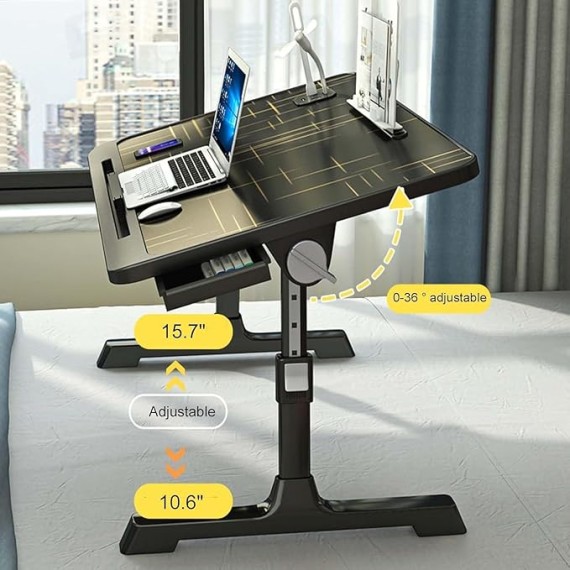 Laptop Bed Table, 27-40cm Adjustable Height Laptop Desk, Laptop Stand with Book Stand, Drawer, Tablet Slot, Foldable Breakfast Tray for Home, Working, Reading, Eating on Bed, Sofa