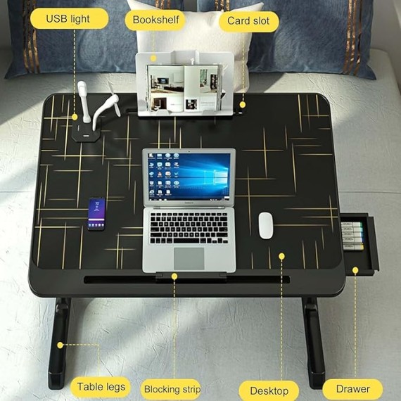 Laptop Bed Table, 27-40cm Adjustable Height Laptop Desk, Laptop Stand with Book Stand, Drawer, Tablet Slot, Foldable Breakfast Tray for Home, Working, Reading, Eating on Bed, Sofa