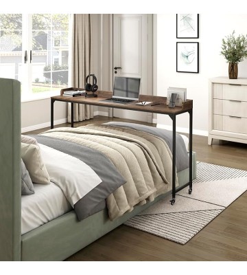 Overbed Table with Wheels, Mobile Bed Desk with Metal Leg, 72" W Queen Size Rolling Desk Adjustable Height, Standing Workstation Laptop Desk, Portable Desk, Brown