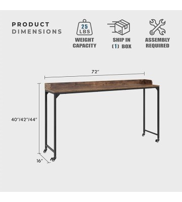 Overbed Table with Wheels, Mobile Bed Desk with Metal Leg, 72" W Queen Size Rolling Desk Adjustable Height, Standing Workstation Laptop Desk, Portable Desk, Brown