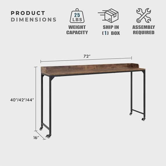 Overbed Table with Wheels, Mobile Bed Desk with Metal Leg, 72" W Queen Size Rolling Desk Adjustable Height, Standing Workstation Laptop Desk, Portable Desk, Brown