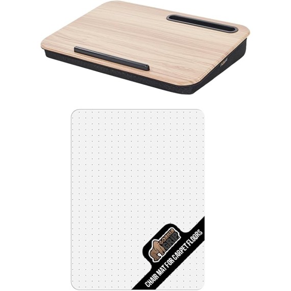 Laptop Lap Desk with Phone Holder and Office Chair Mat for Carpet Floor, Holder Size 16.5x11.8 Light Wood, Portable, Mat Size 32.5x48 No Lip Clear, No Divot, 2 Item Bundle