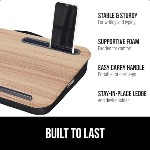 Laptop Lap Desk with Phone Holder and Office Chair Mat for Carpet Floor, Holder Size 16.5x11.8 Light Wood, Portable, Mat Size 32.5x48 No Lip Clear, No Divot, 2 Item Bundle